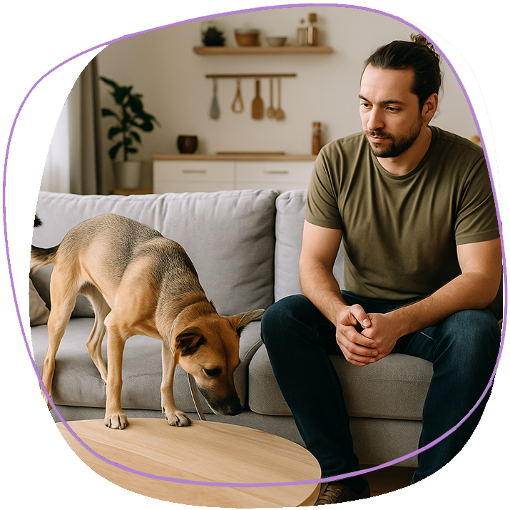 Man Negotiating Rental Agreement While Dog Explores Living Room In Pet Friendly Phuket Home