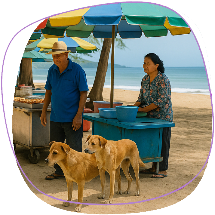 Stray Dogs Roaming Near Thai Street Food Vendors At A Beachside Market In Phuket, Thailand